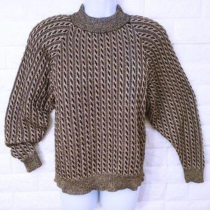 Vintage 80s Jeanne Pierre Metallic Cable Knit Sweater -M Wool/Angora Gold Black